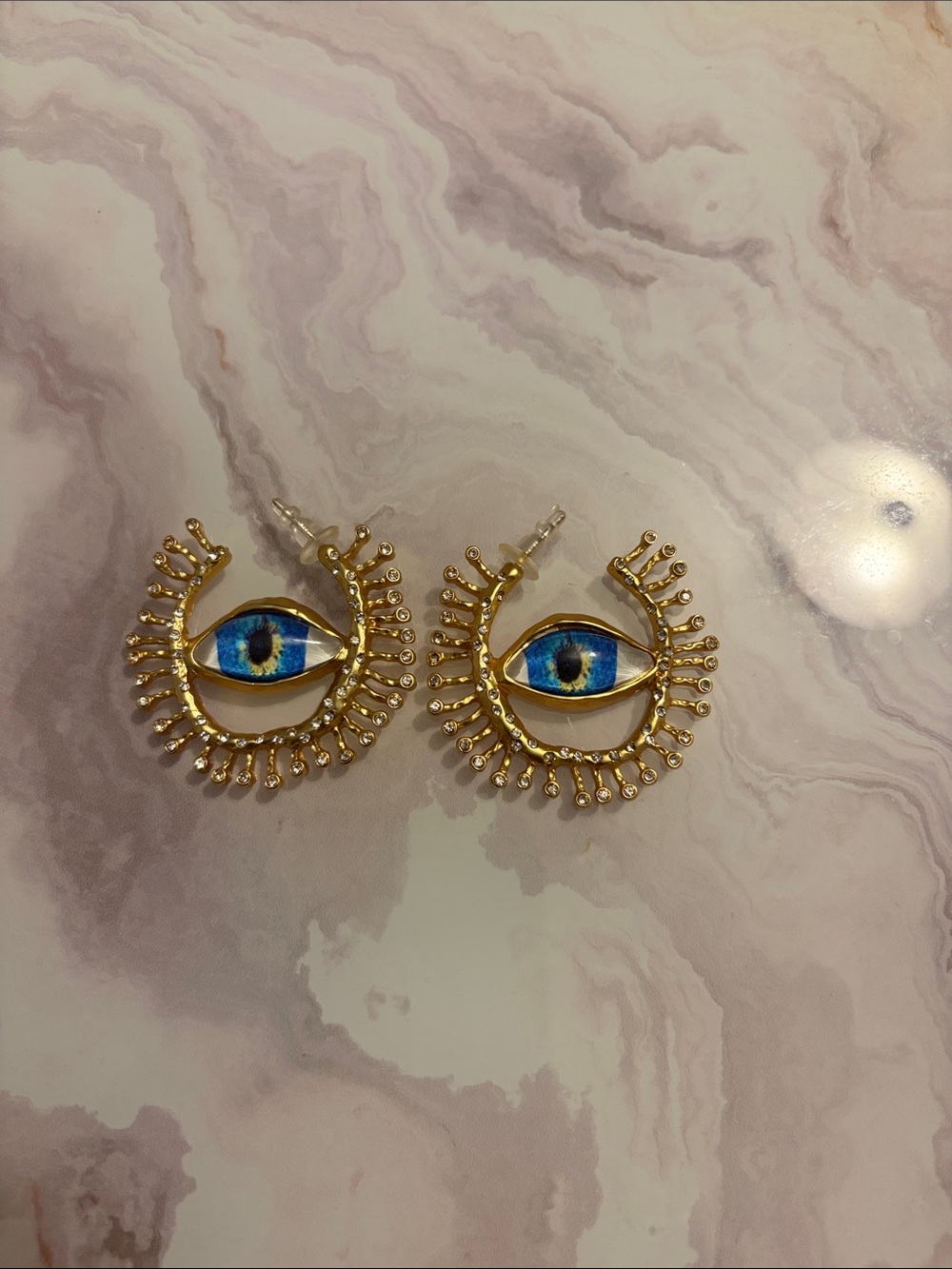 Gold Eye Statement Earrings with Blue Iris